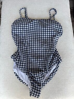 NWT Red Carter Navy and White Gingham Square Neck Low Back Swimsuit